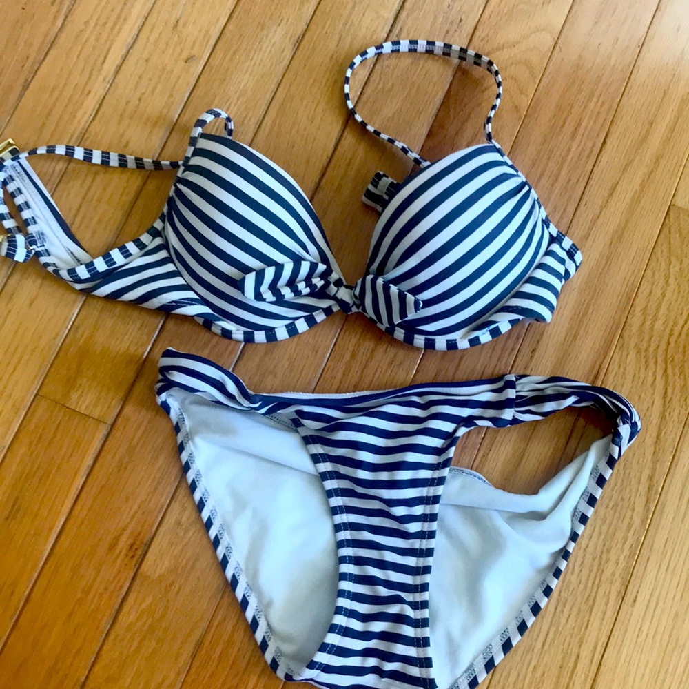 Blue and white striped bikini stunning